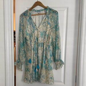 Hemant and nandita Boho Floral Tie-Waist Dress in Teal and Cream